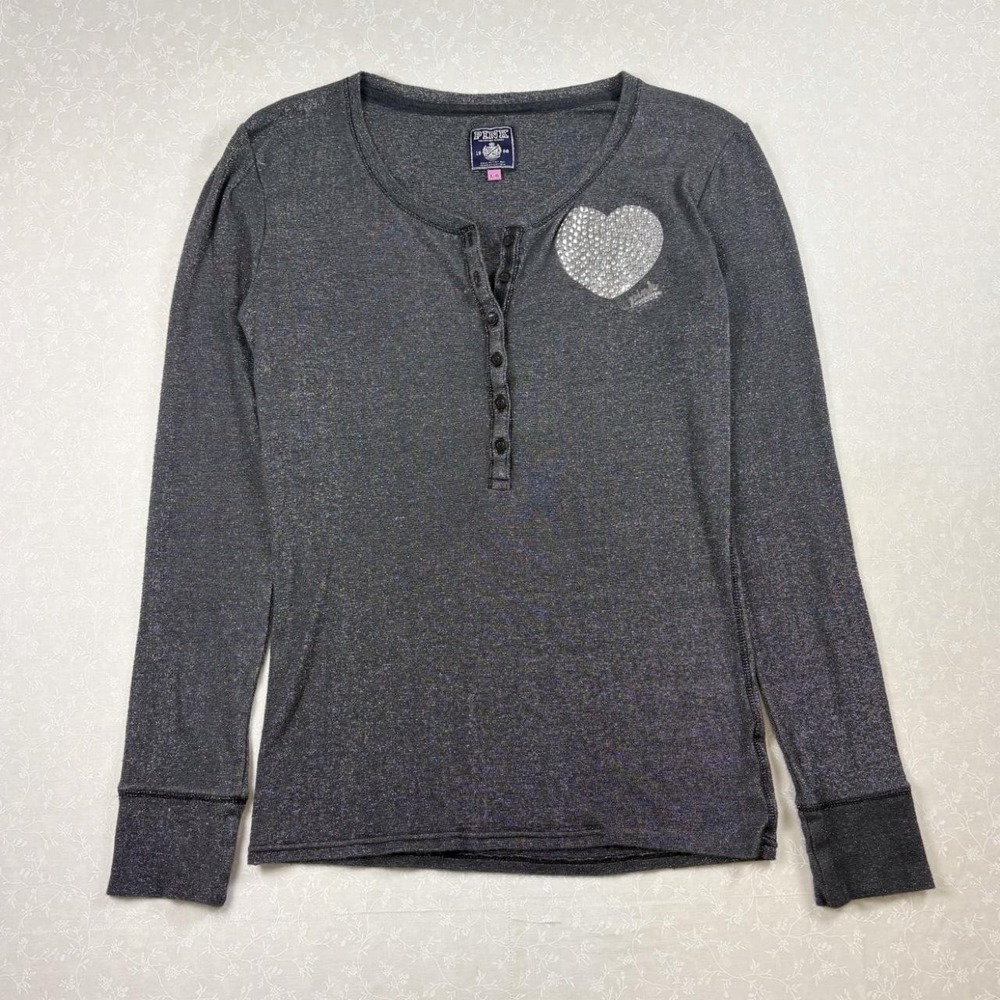 Vintage VS PINK Rhinestone Heart Long Sleeve Henley Top Gray Size Large